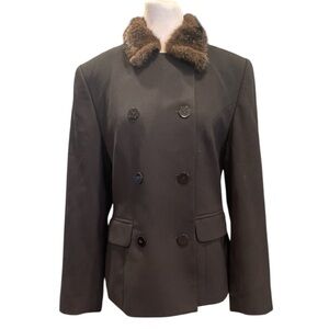 Valerie Stevens Wool Blazer w/ faux Fur Collar indigo Double Breasted Size 6